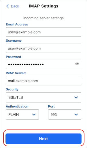 BlueMail - IMAP Settings - Next